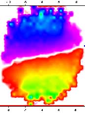 Visualization related to model simulation of a nuclear collision