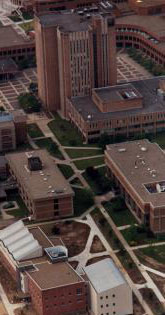 Aerial view of physics building (center-left)