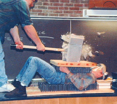 A Kent State student lying on a bed of nails